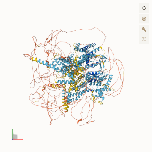 Predicted ribbon structure of CACNA1A (O00555) — coloured by sequence position from N-terminus (blue) to C-terminus (red)