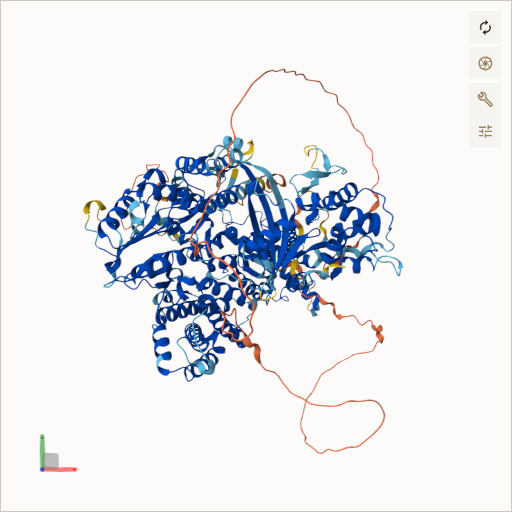 Predicted ribbon structure of TERT (O14746) — coloured by sequence position from N-terminus (blue) to C-terminus (red)