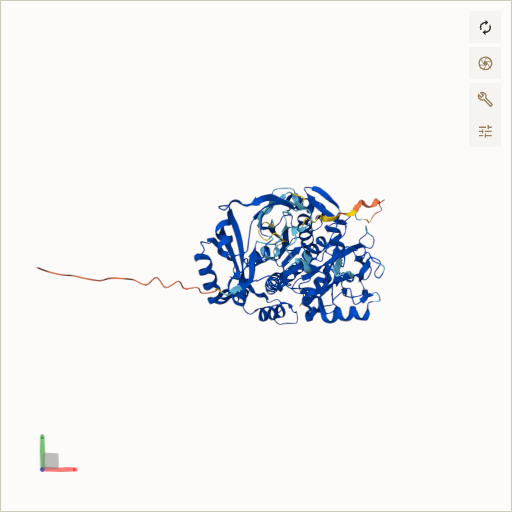 Predicted ribbon structure of TPP1 (O14773) — coloured by sequence position from N-terminus (blue) to C-terminus (red)