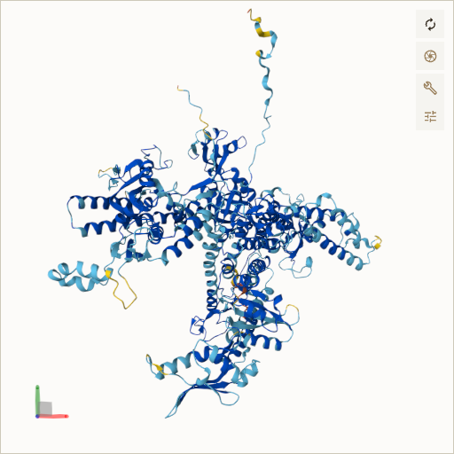 Predicted ribbon structure of POLR3A (O14802) — coloured by sequence position from N-terminus (blue) to C-terminus (red)