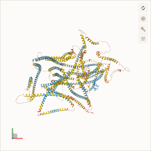 Predicted ribbon structure of CEP290 (O15078) — coloured by sequence position from N-terminus (blue) to C-terminus (red)
