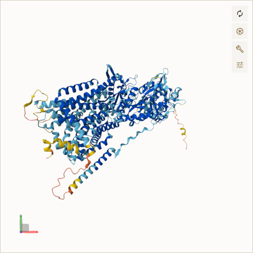 Predicted ribbon structure of NPC1 (O15118) — coloured by sequence position from N-terminus (blue) to C-terminus (red)