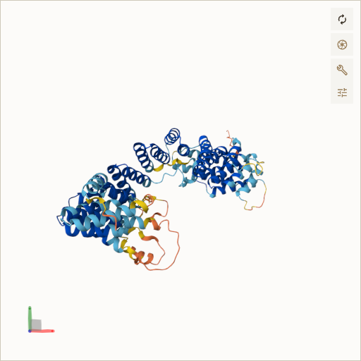 Predicted ribbon structure of FANCG (O15287) — coloured by sequence position from N-terminus (blue) to C-terminus (red)