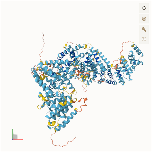 Predicted ribbon structure of FANCA (O15360) — coloured by sequence position from N-terminus (blue) to C-terminus (red)