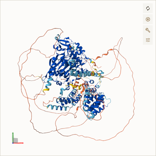 Predicted ribbon structure of KDM6A (O15550) — coloured by sequence position from N-terminus (blue) to C-terminus (red)