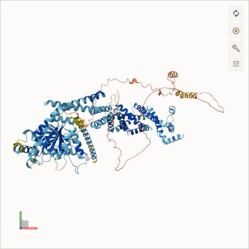 Predicted ribbon structure of OPA1 (O60313) — coloured by sequence position from N-terminus (blue) to C-terminus (red)
