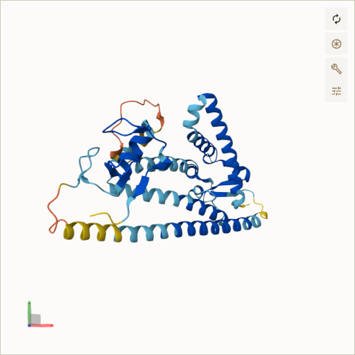 Predicted ribbon structure of PEX10 (O60683) — coloured by sequence position from N-terminus (blue) to C-terminus (red)