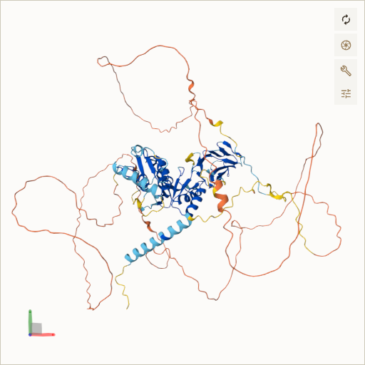 Predicted ribbon structure of NBN (O60934) — coloured by sequence position from N-terminus (blue) to C-terminus (red)