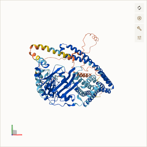 Predicted ribbon structure of ABCB7 (O75027) — coloured by sequence position from N-terminus (blue) to C-terminus (red)