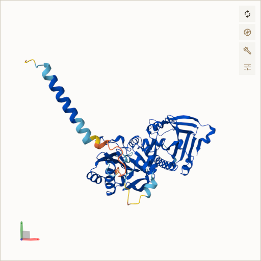 Predicted ribbon structure of FKTN (O75072) — coloured by sequence position from N-terminus (blue) to C-terminus (red)