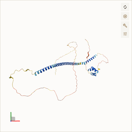 Predicted ribbon structure of PEX14 (O75381) — coloured by sequence position from N-terminus (blue) to C-terminus (red)