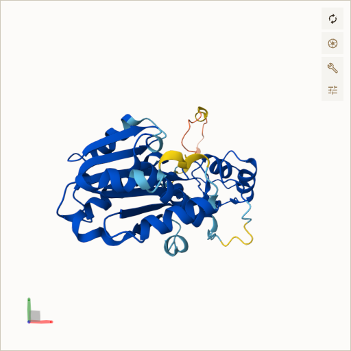 Predicted ribbon structure of RNASEH2A (O75792) — coloured by sequence position from N-terminus (blue) to C-terminus (red)