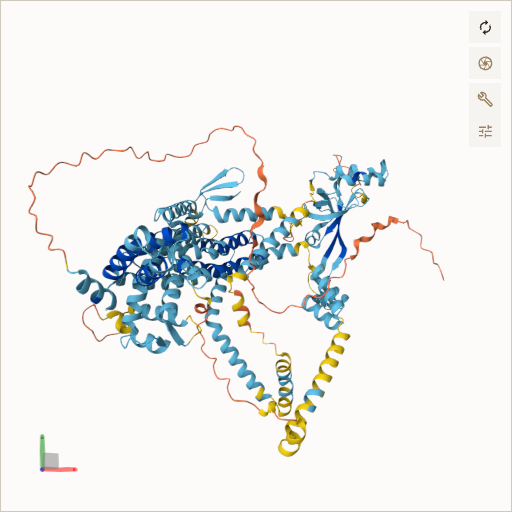 Predicted ribbon structure of WFS1 (O76024) — coloured by sequence position from N-terminus (blue) to C-terminus (red)
