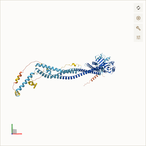 Predicted ribbon structure of MFN2 (O95140) — coloured by sequence position from N-terminus (blue) to C-terminus (red)