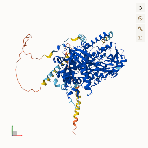 Predicted ribbon structure of LARGE1 (O95461) — coloured by sequence position from N-terminus (blue) to C-terminus (red)