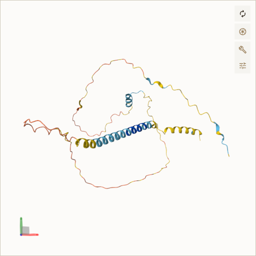 Predicted ribbon structure of GNAS (O95467) — coloured by sequence position from N-terminus (blue) to C-terminus (red)