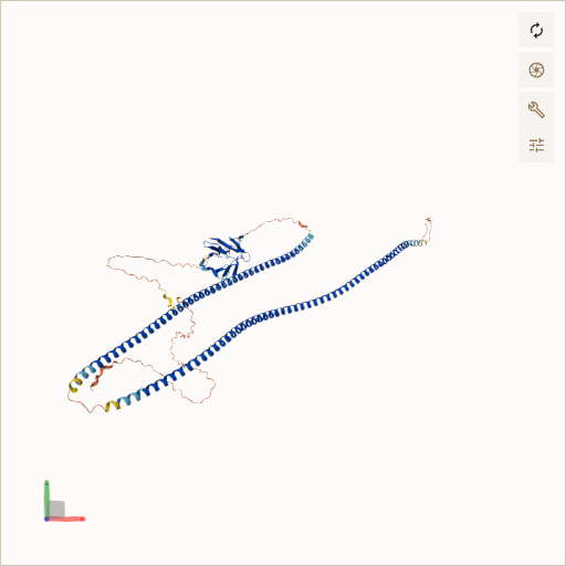 Predicted ribbon structure of LMNA (P02545) — coloured by sequence position from N-terminus (blue) to C-terminus (red)