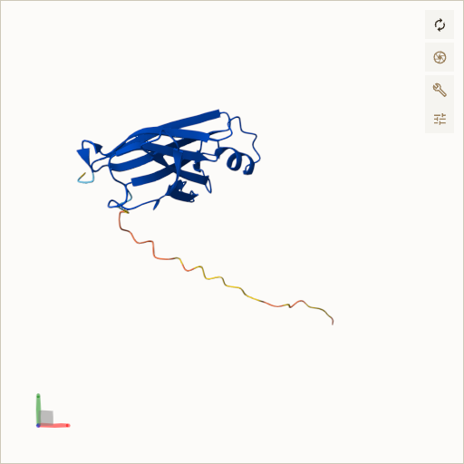 Predicted ribbon structure of TTR (P02766) — coloured by sequence position from N-terminus (blue) to C-terminus (red)