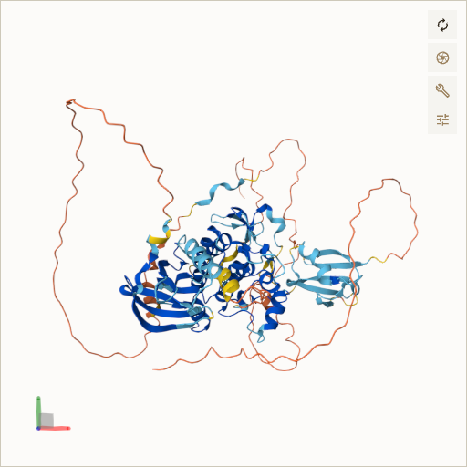 Predicted ribbon structure of RAF1 (P04049) — coloured by sequence position from N-terminus (blue) to C-terminus (red)