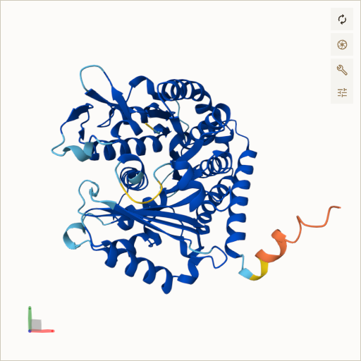 Predicted ribbon structure of TUBB4A (P04350) — coloured by sequence position from N-terminus (blue) to C-terminus (red)