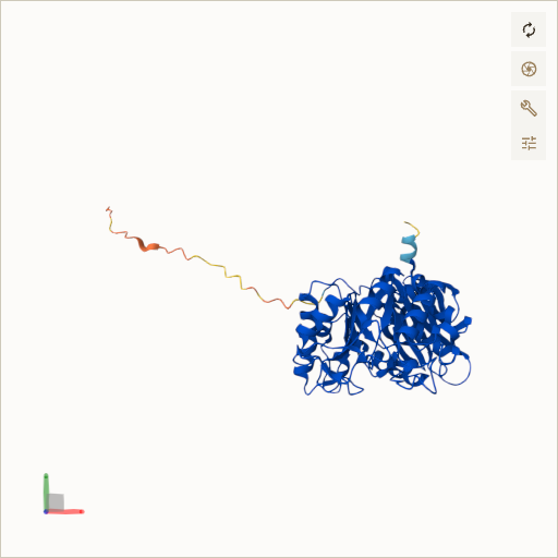 Predicted ribbon structure of GLA (P06280) — coloured by sequence position from N-terminus (blue) to C-terminus (red)