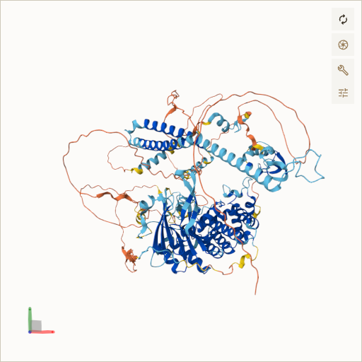 Predicted ribbon structure of ERCC6 (P0DP91) — coloured by sequence position from N-terminus (blue) to C-terminus (red)