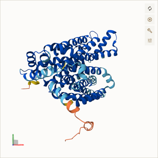 Predicted ribbon structure of SLC2A1 (P11166) — coloured by sequence position from N-terminus (blue) to C-terminus (red)