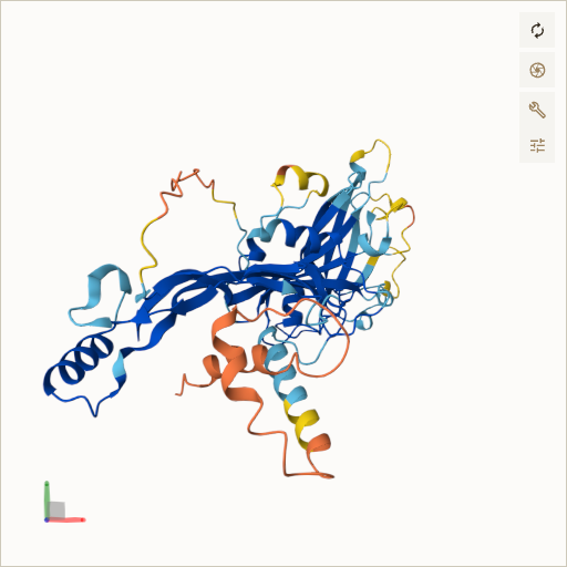 Predicted ribbon structure of BMP4 (P12644) — coloured by sequence position from N-terminus (blue) to C-terminus (red)