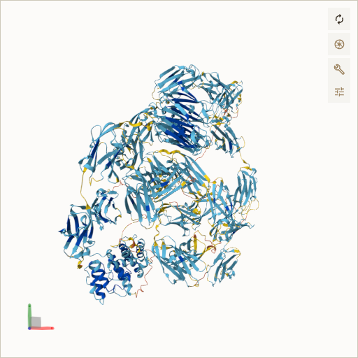 Predicted ribbon structure of FLNA (P21333) — coloured by sequence position from N-terminus (blue) to C-terminus (red)