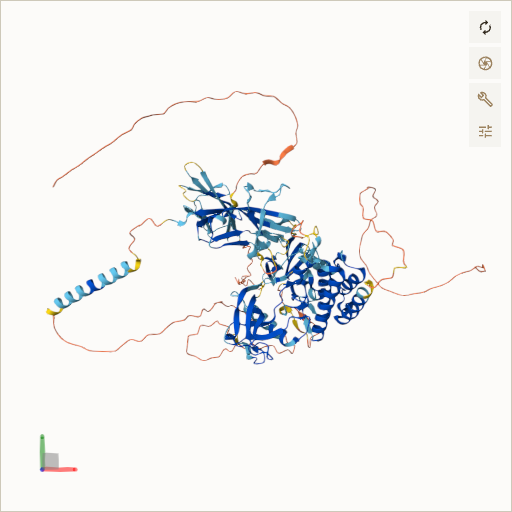 Predicted ribbon structure of FGFR2 (P21802) — coloured by sequence position from N-terminus (blue) to C-terminus (red)