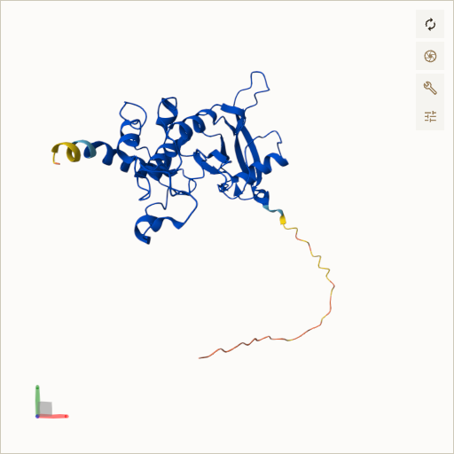 Predicted ribbon structure of SDHB (P21912) — coloured by sequence position from N-terminus (blue) to C-terminus (red)