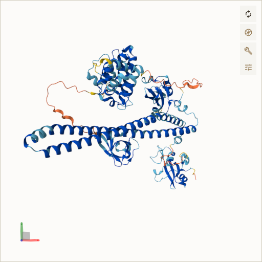 Predicted ribbon structure of PIK3R1 (P27986) — coloured by sequence position from N-terminus (blue) to C-terminus (red)