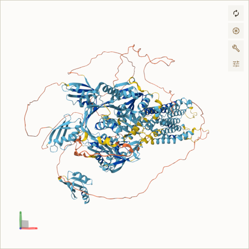 Predicted ribbon structure of ATP7B (P35670) — coloured by sequence position from N-terminus (blue) to C-terminus (red)