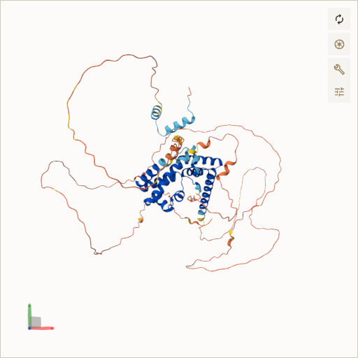 Predicted ribbon structure of HNF1B (P35680) — coloured by sequence position from N-terminus (blue) to C-terminus (red)