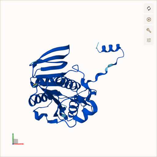 Predicted ribbon structure of ETFB (P38117) — coloured by sequence position from N-terminus (blue) to C-terminus (red)