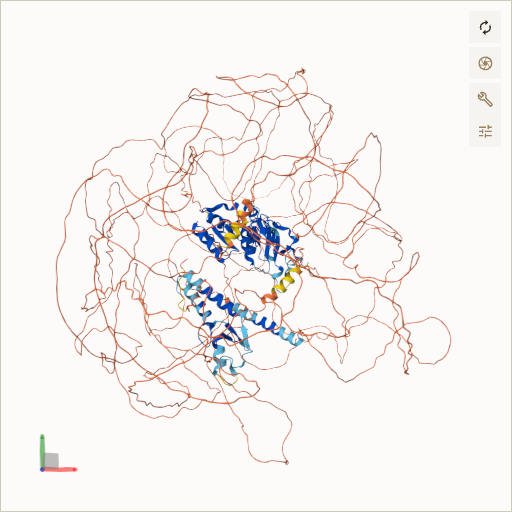 Predicted ribbon structure of BRCA1 (P38398) — coloured by sequence position from N-terminus (blue) to C-terminus (red)