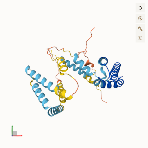 Predicted ribbon structure of PEX19 (P40855) — coloured by sequence position from N-terminus (blue) to C-terminus (red)