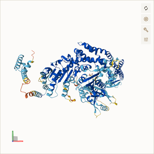 Predicted ribbon structure of MSH2 (P43246) — coloured by sequence position from N-terminus (blue) to C-terminus (red)