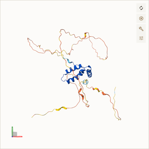 Predicted ribbon structure of SOX2 (P48431) — coloured by sequence position from N-terminus (blue) to C-terminus (red)