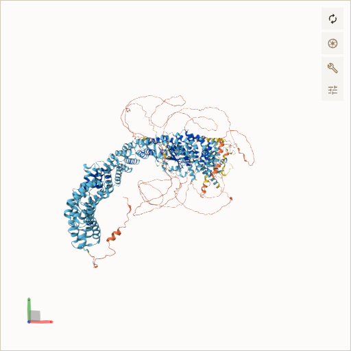 Predicted ribbon structure of TSC2 (P49815) — coloured by sequence position from N-terminus (blue) to C-terminus (red)