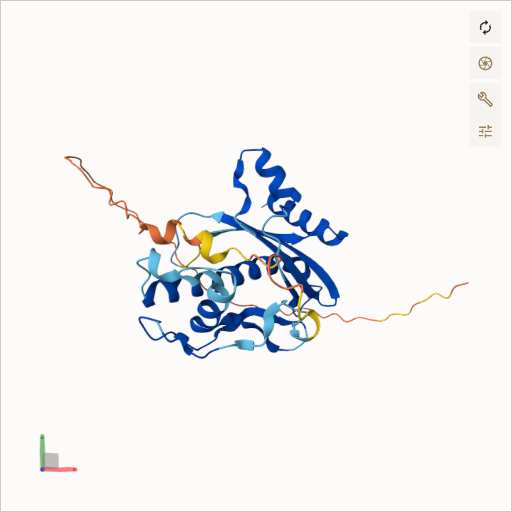 Predicted ribbon structure of HCCS (P53701) — coloured by sequence position from N-terminus (blue) to C-terminus (red)
