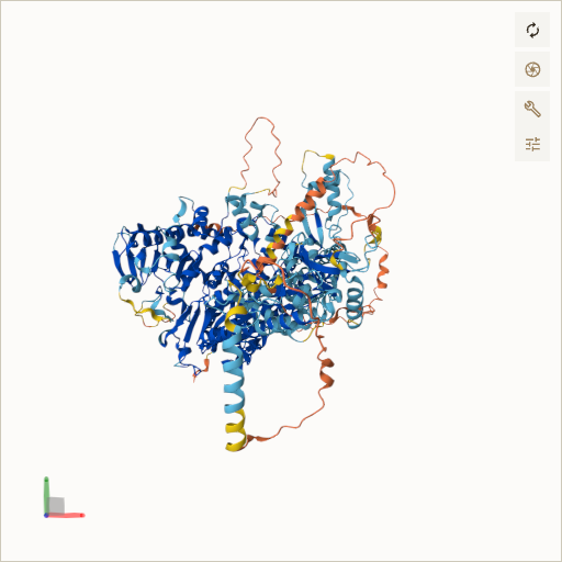 Predicted ribbon structure of POLG (P54098) — coloured by sequence position from N-terminus (blue) to C-terminus (red)