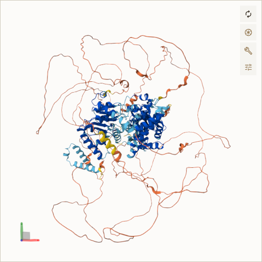 Predicted ribbon structure of BLM (P54132) — coloured by sequence position from N-terminus (blue) to C-terminus (red)