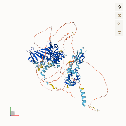 Predicted ribbon structure of PMS2 (P54278) — coloured by sequence position from N-terminus (blue) to C-terminus (red)