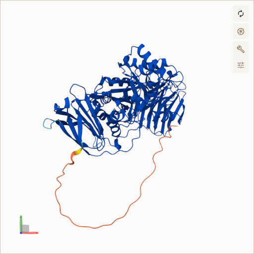 Predicted ribbon structure of GALC (P54803) — coloured by sequence position from N-terminus (blue) to C-terminus (red)