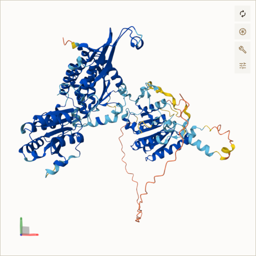 Predicted ribbon structure of ALDH18A1 (P54886) — coloured by sequence position from N-terminus (blue) to C-terminus (red)