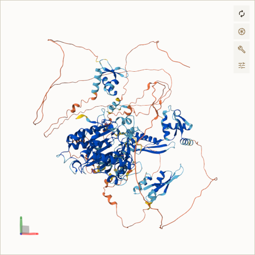 Predicted ribbon structure of ADAR (P55265) — coloured by sequence position from N-terminus (blue) to C-terminus (red)