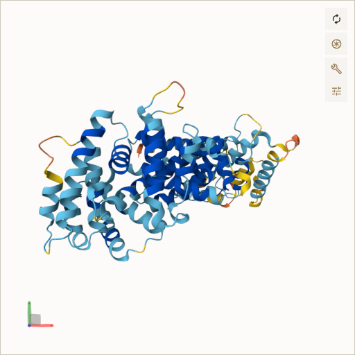 Predicted ribbon structure of FANCC (Q00597) — coloured by sequence position from N-terminus (blue) to C-terminus (red)