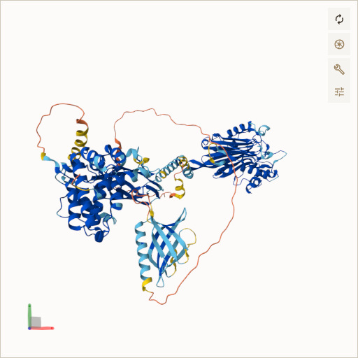 Predicted ribbon structure of OCRL (Q01968) — coloured by sequence position from N-terminus (blue) to C-terminus (red)