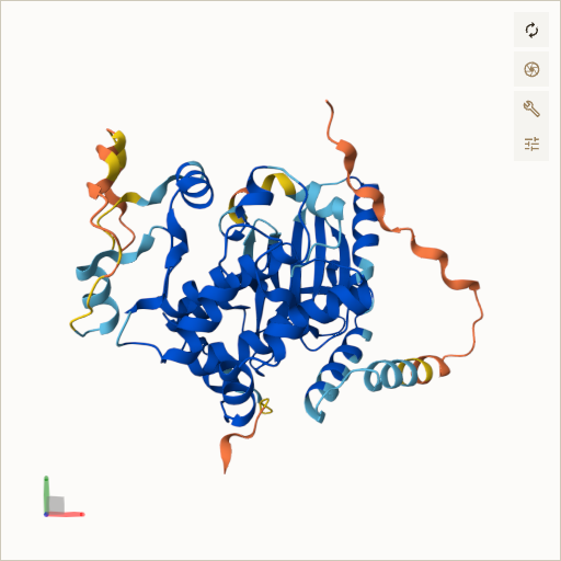 Predicted ribbon structure of MAP2K1 (Q02750) — coloured by sequence position from N-terminus (blue) to C-terminus (red)